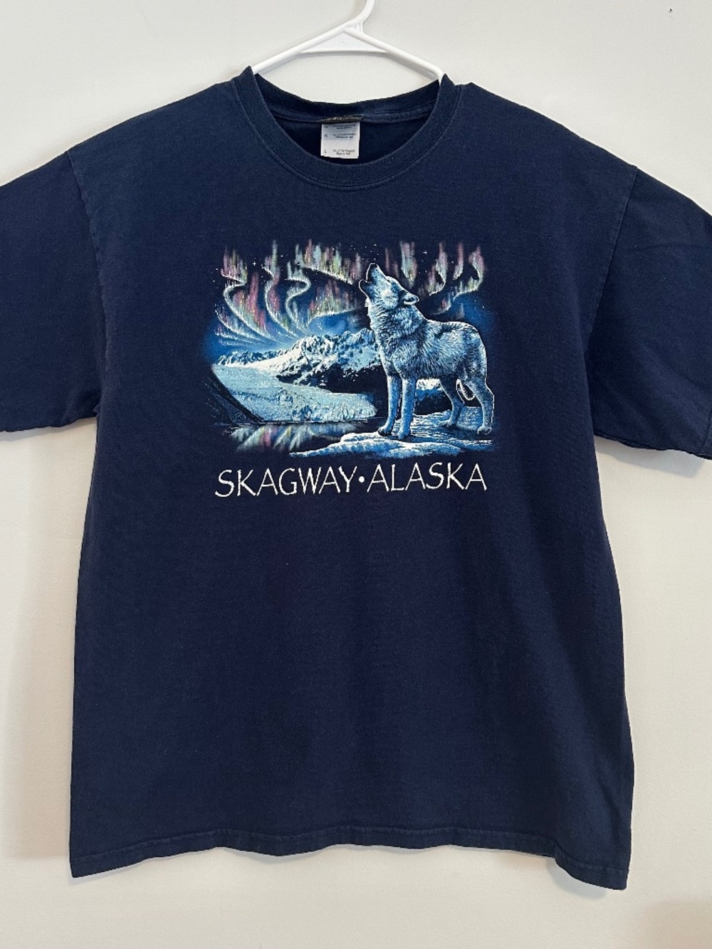 Men's Skagway Alaska Wolf Graphic Print T-Shirt Large Blue Y2K Short Sleeve